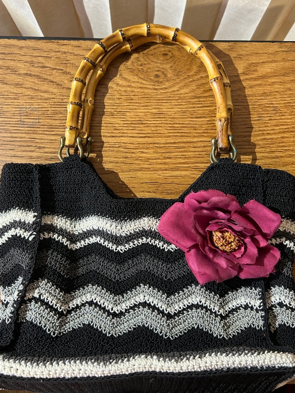 VTG! THE LIMITED Bamboo Top Handles, Lined Pockets, Flower Charm, Crochet, Knit